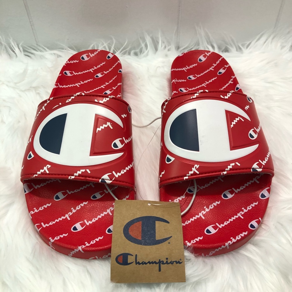 Champion Slides Red Multi pattern logo NEW